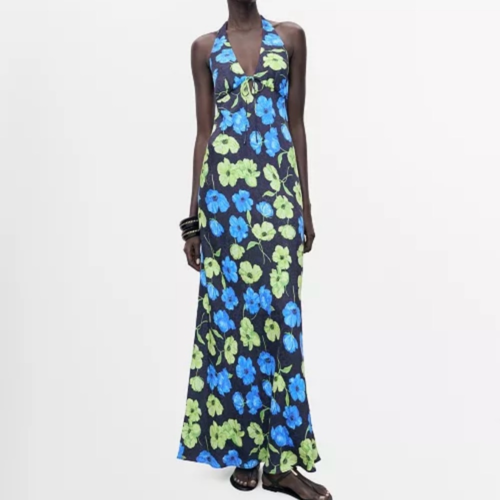NWOT Blue and Green Floral Halter Maxi Dress